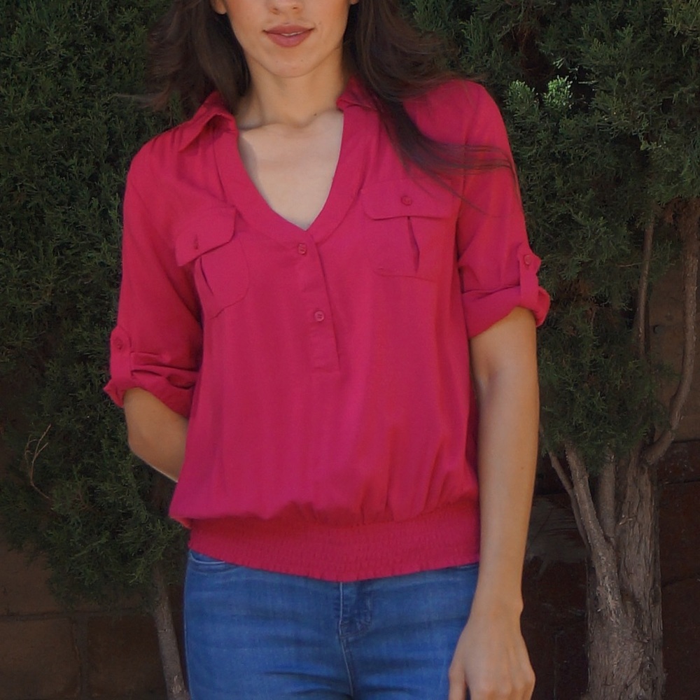 Pink v- neckline top w/ elastic waistline
